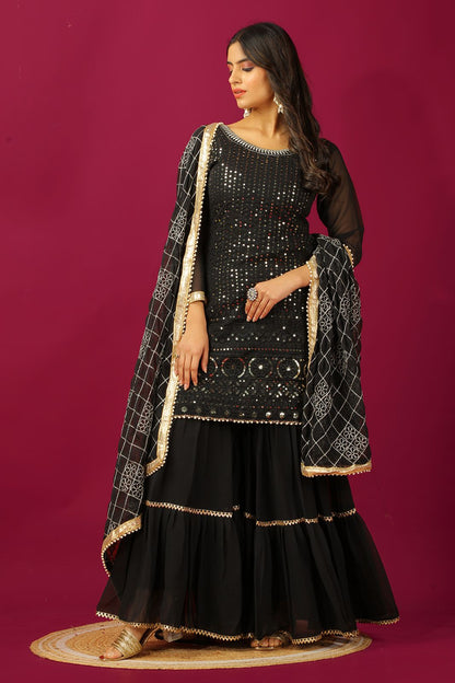 Black color georgette sharara suit with dupatta