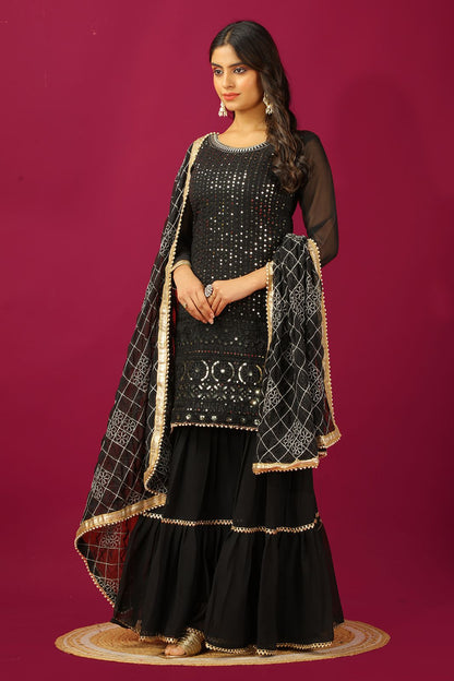 Black color georgette sharara suit with dupatta online