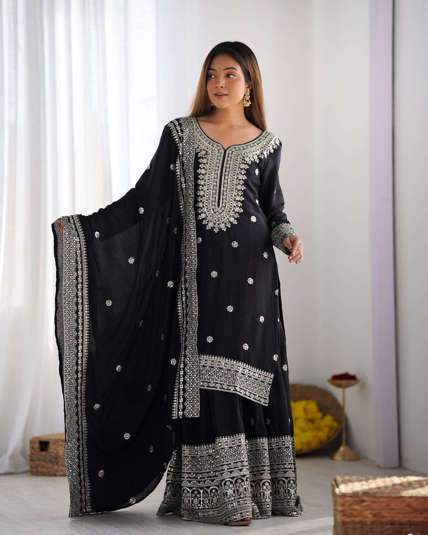 Black color chinon silk sharara suit for wedding