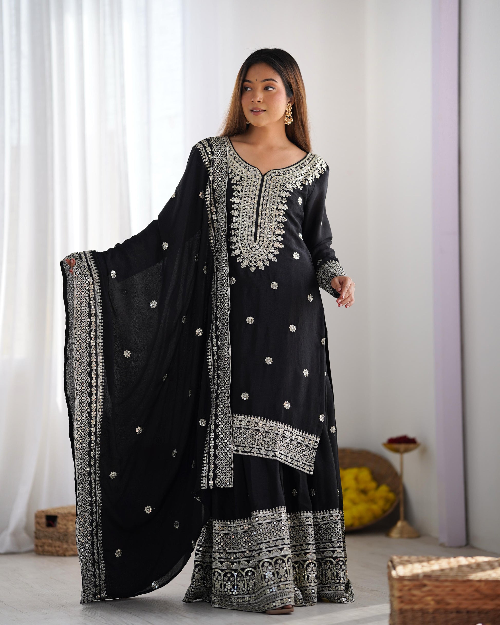 Black color chinon silk sharara suit for wedding