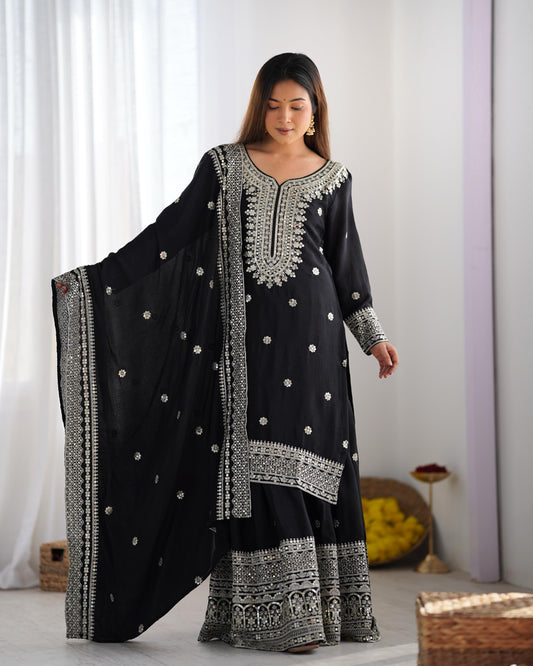 Black color chinon silk sharara suit for women