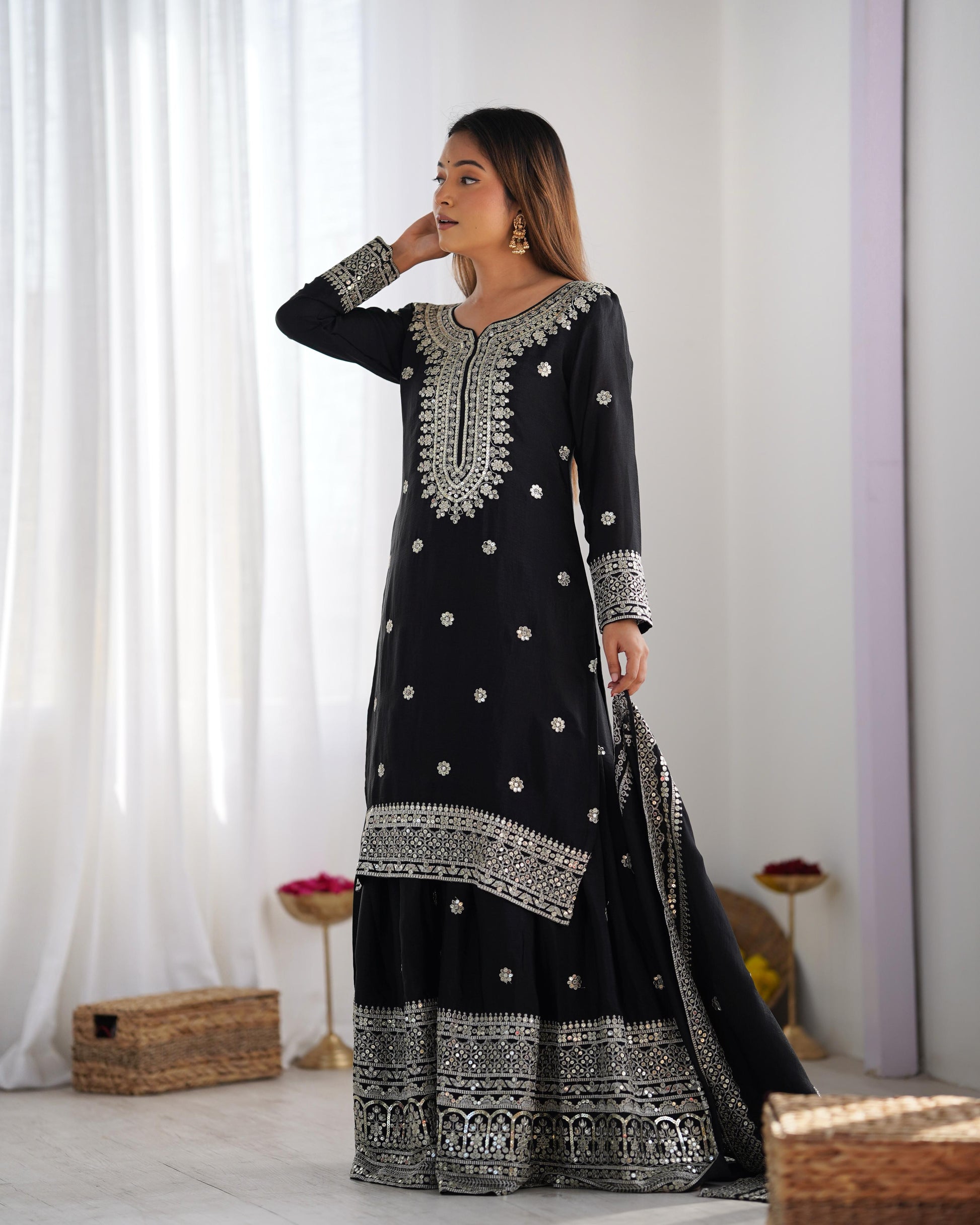 Black color chinon silk sharara suit with dupatta