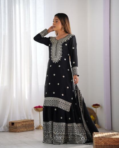 Black color chinon silk sharara suit with dupatta