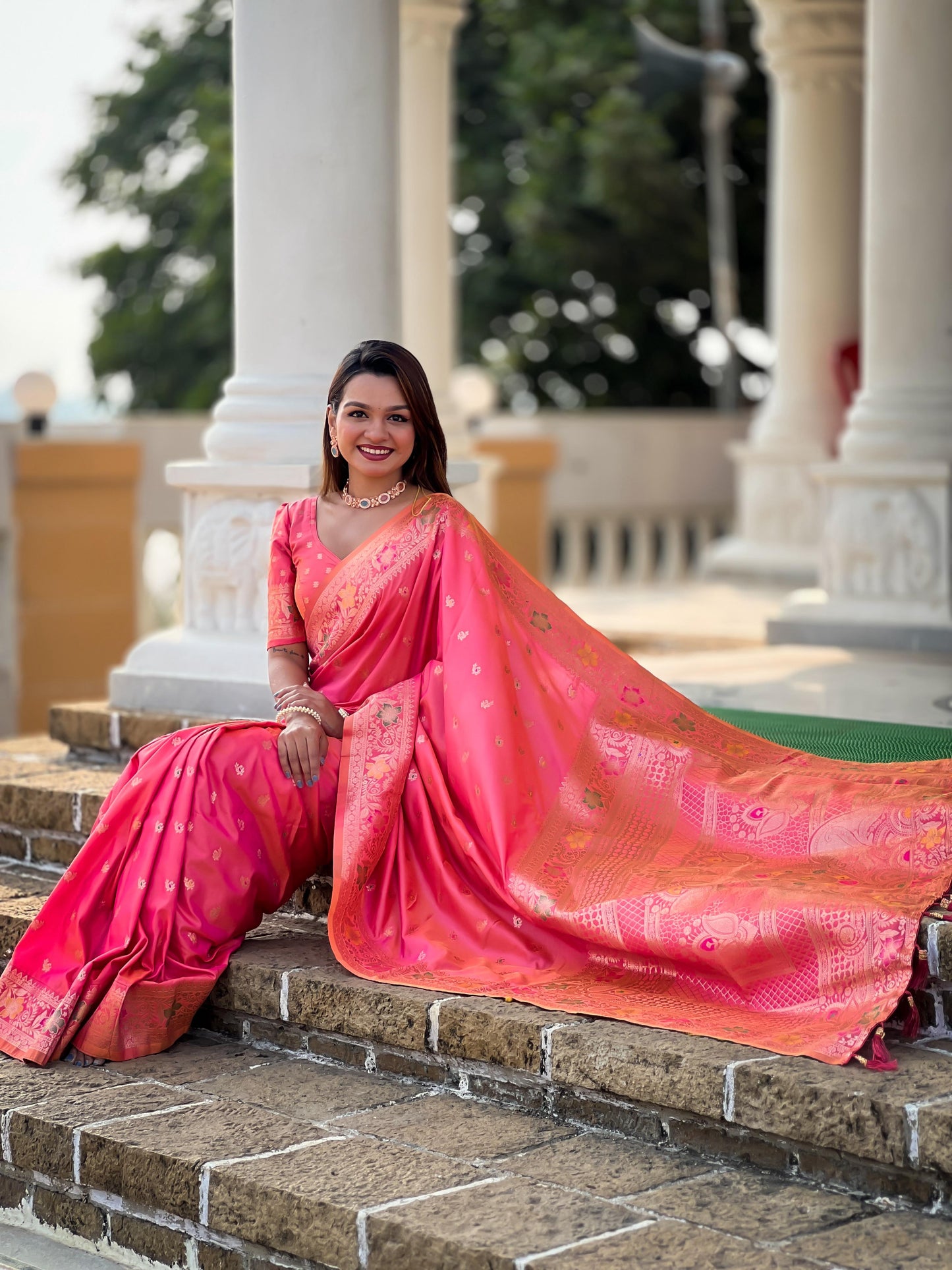 Pink color Banarasi Silk Saree for party
