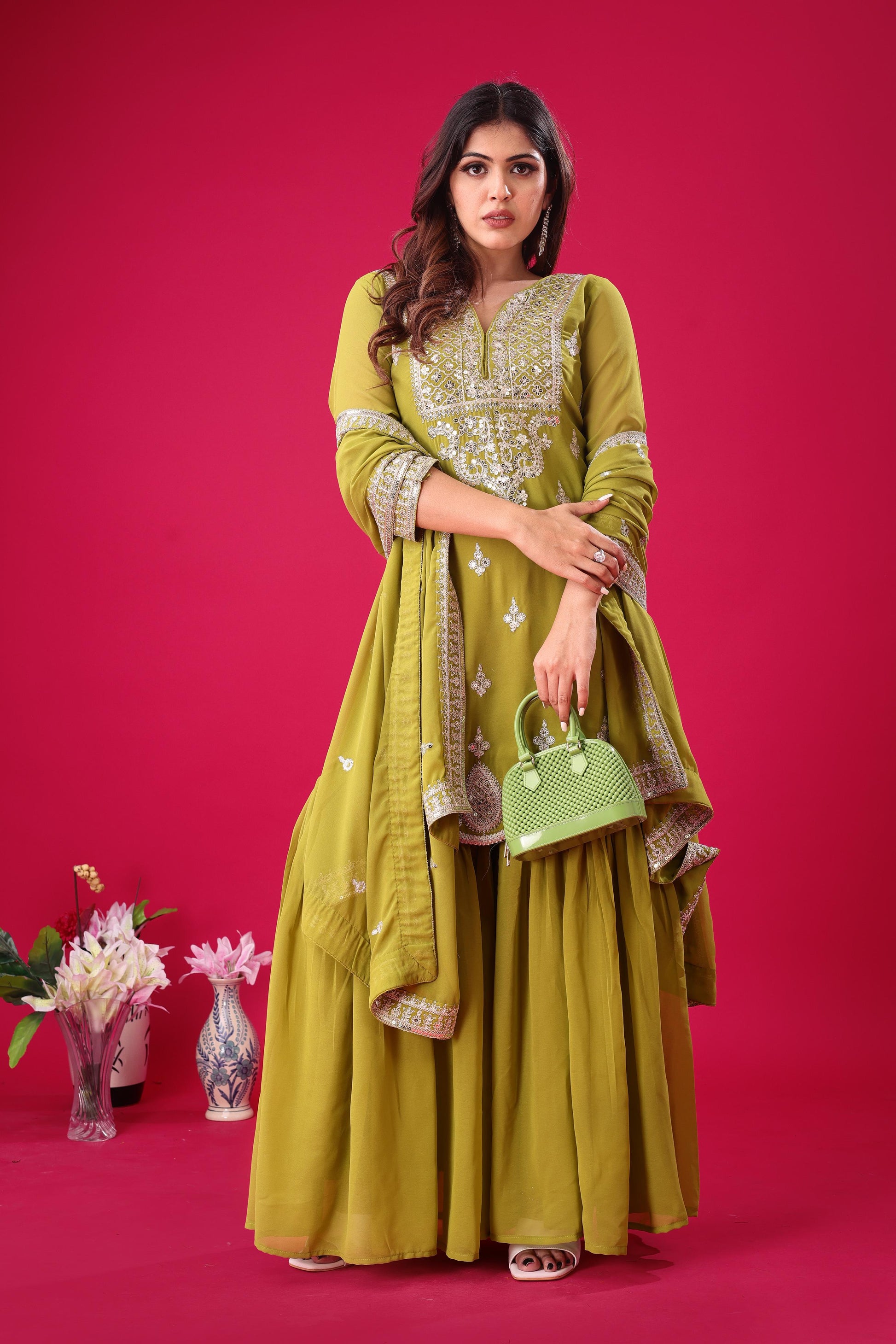 Parrot green color georgette sharara suit for women