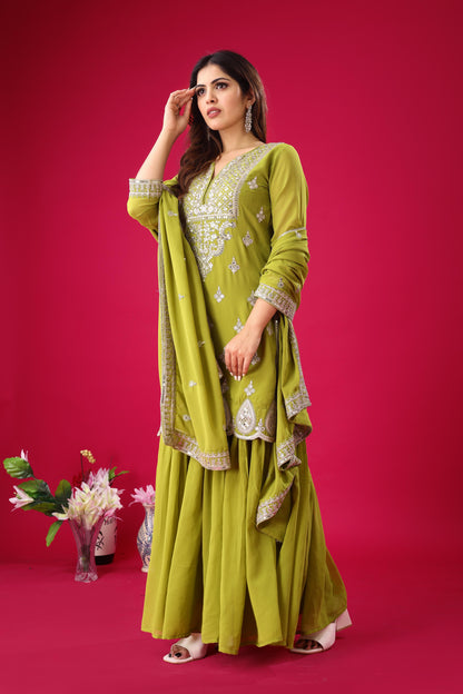 Parrot green color georgette sharara suit with dupatta