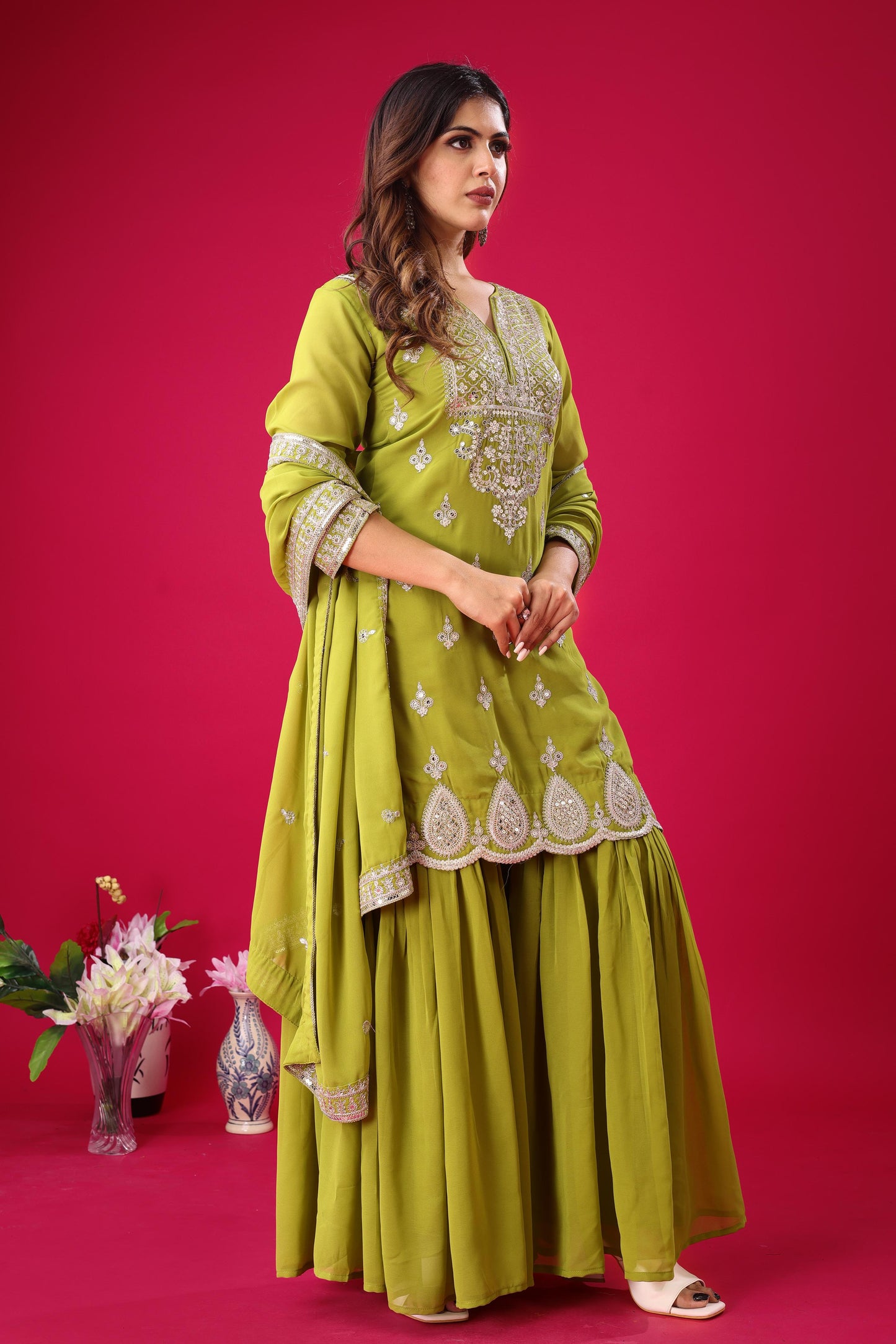 Parrot green color georgette sharara suit with dupatta online