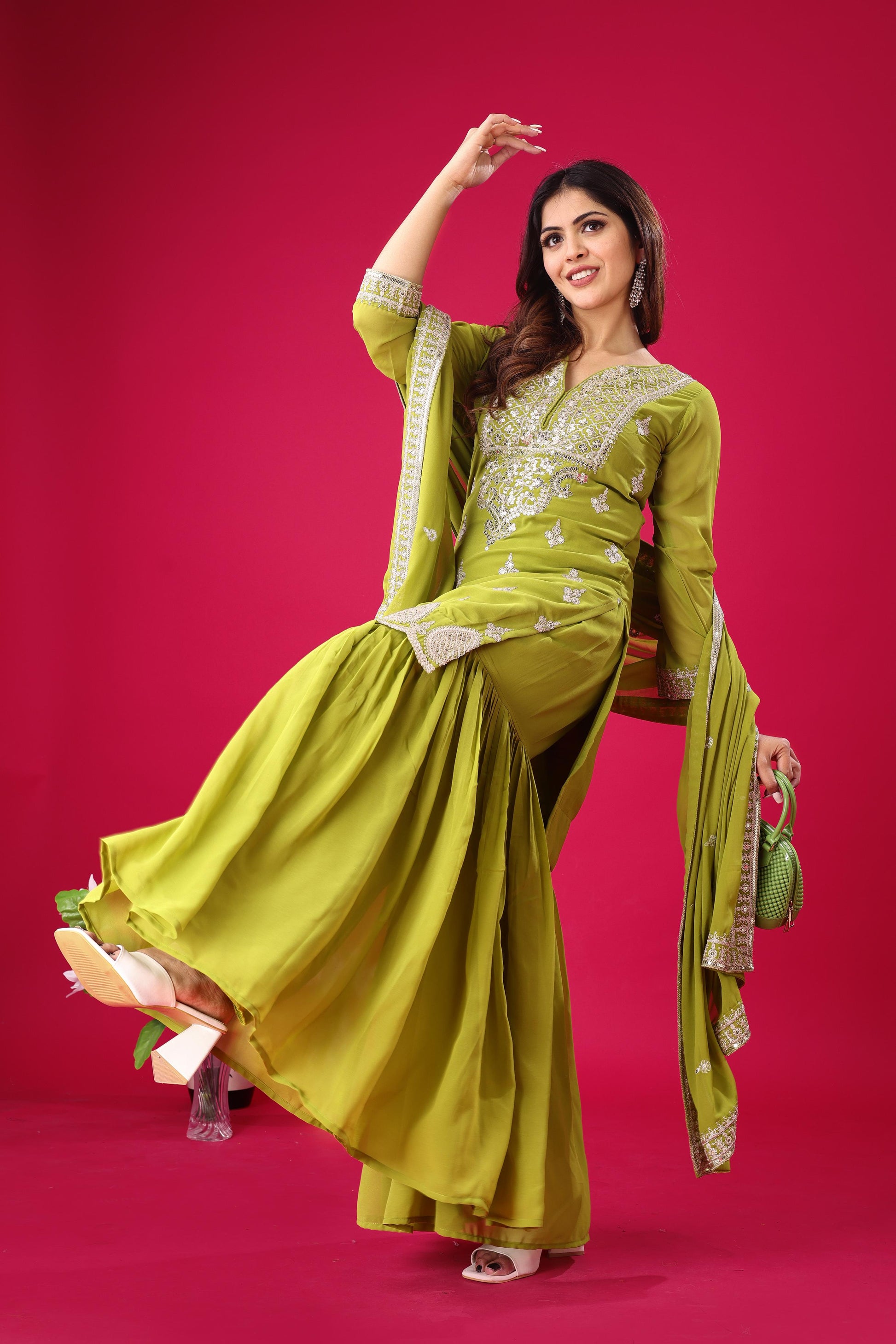 Parrot green color georgette sharara suit with dupatta