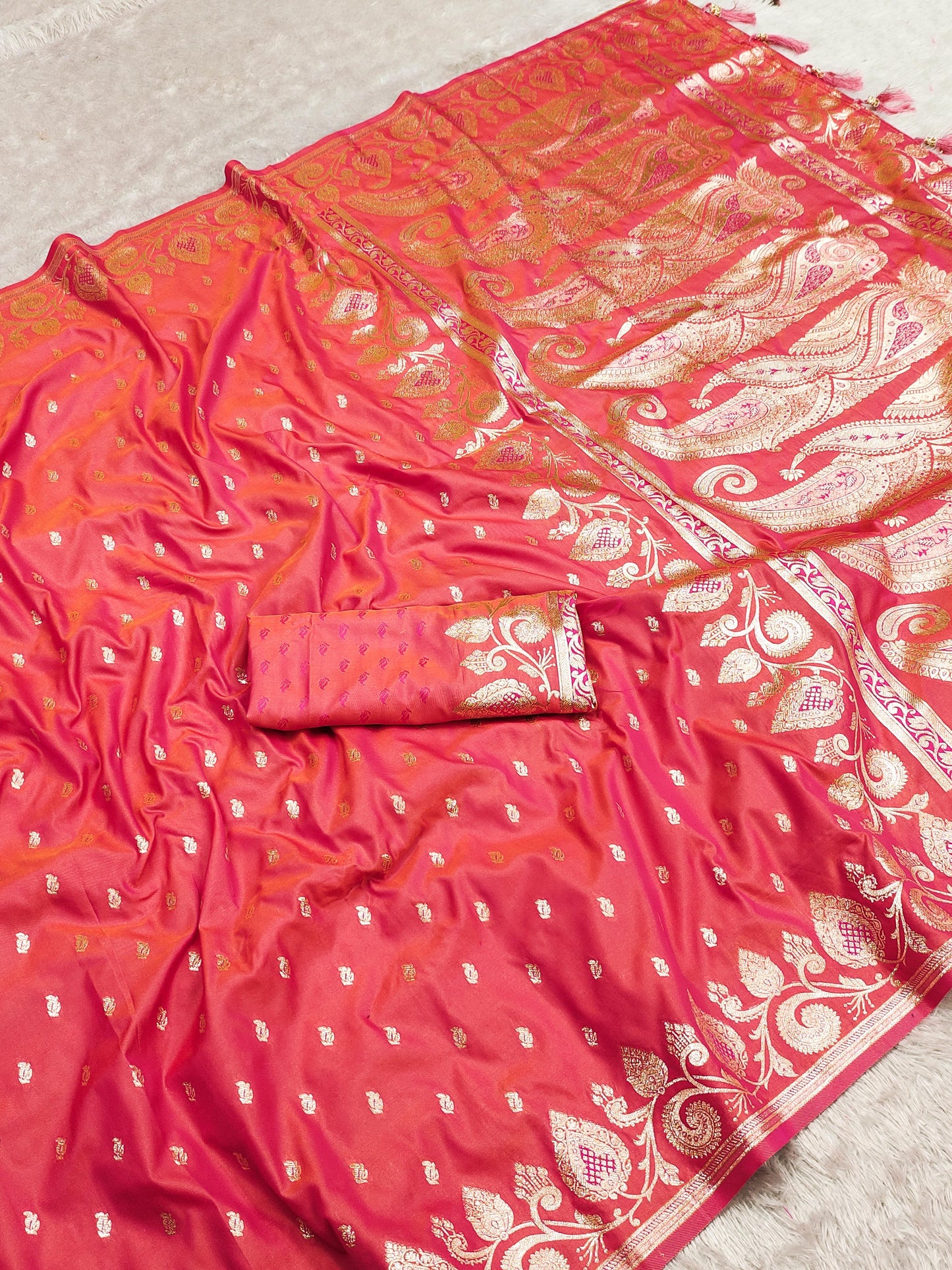 Orange color Pure Banarasi Silk Saree for party
