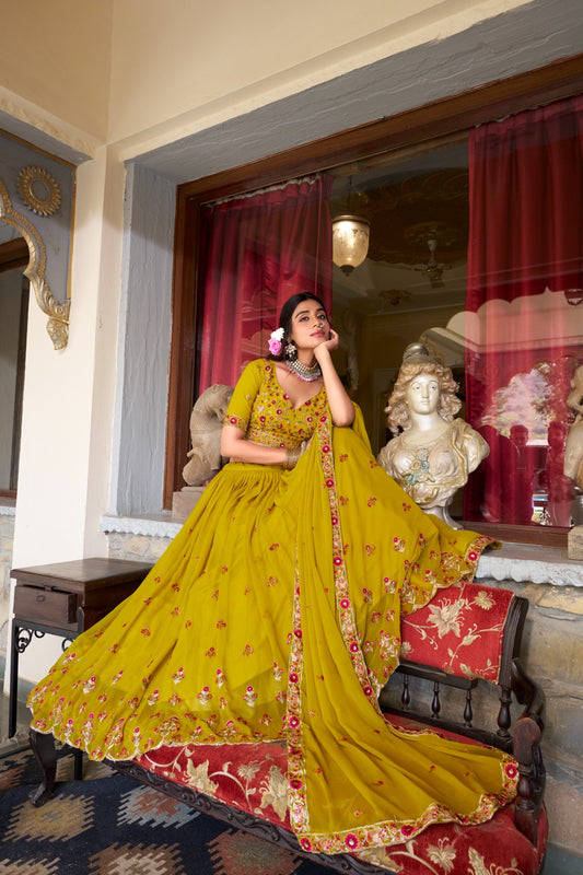 Mustard color georgette lehenga choli for women