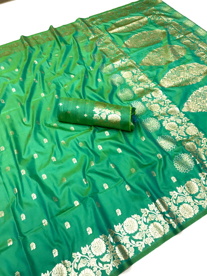 Green color banarasi silk saree for women