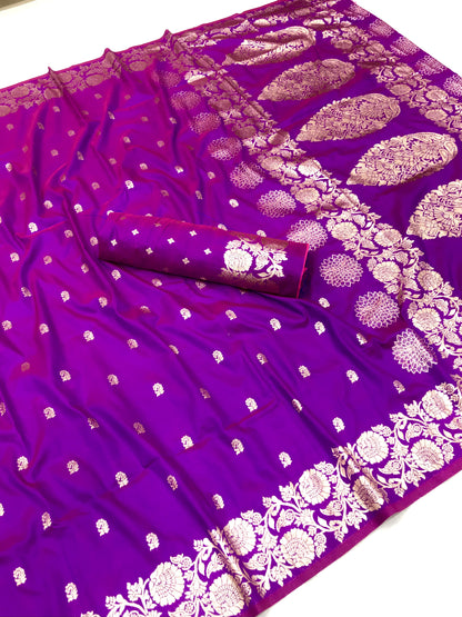 Purple color banarasi silk saree for wedding