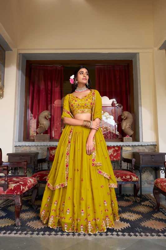 Mustard color georgette lehenga choli for wedding