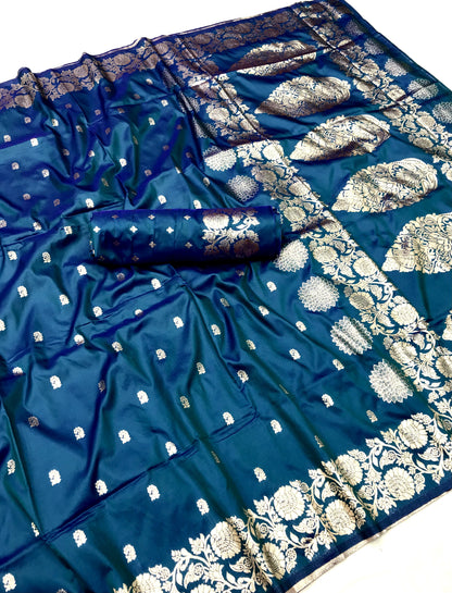 Teal color banarasi silk saree with blouse online shopping