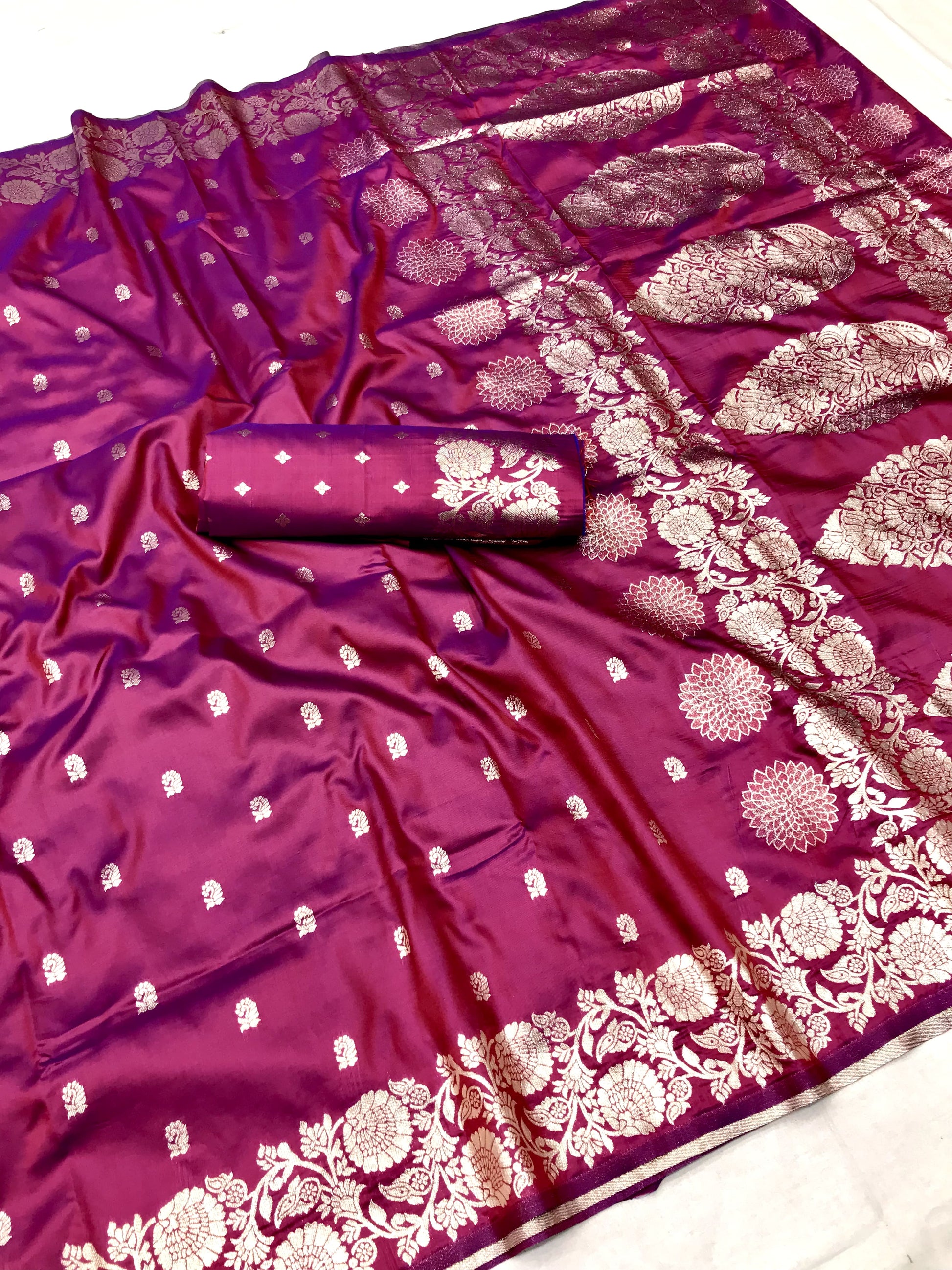 Onion color banarasi silk saree with blouse 
