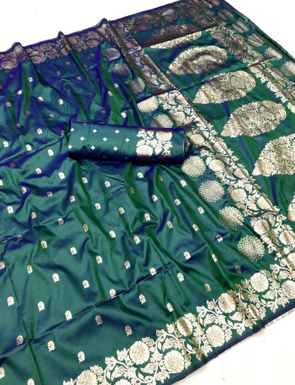 Teal green color banarasi silk saree with blouse online