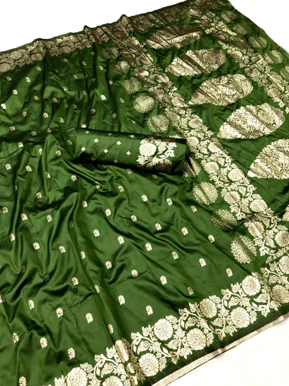 Mehendi color banarasi silk saree with blouse 