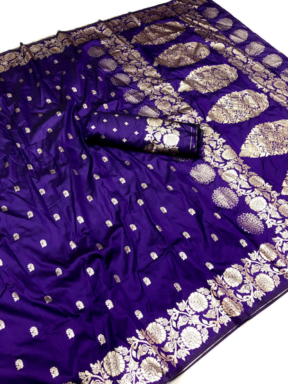 Purple color banarasi silk saree with blouse images 