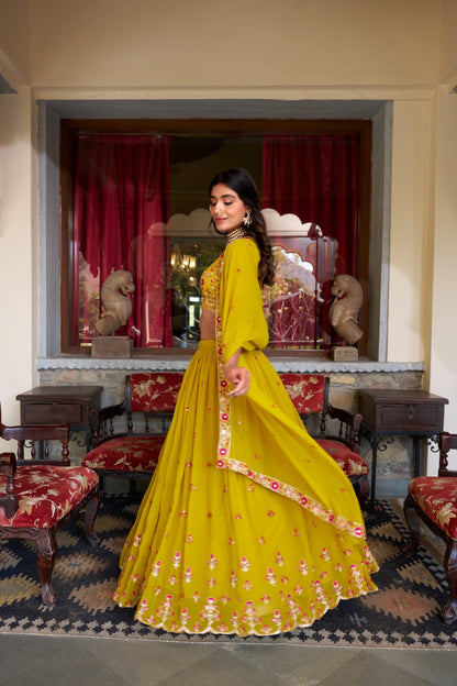 Mustard color georgette lehenga choli with dupatta images