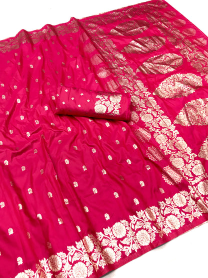 Pink color banarasi silk saree with blouse design