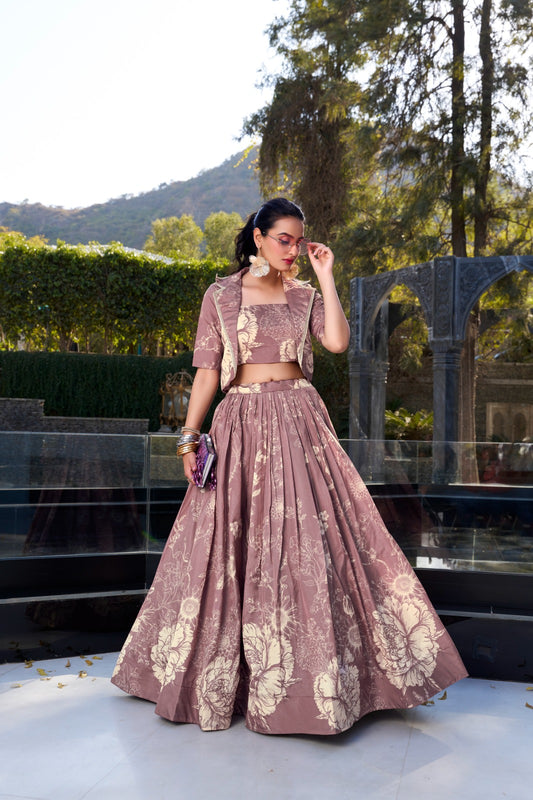 Onion color tussar silk lehenga choli with koti online
