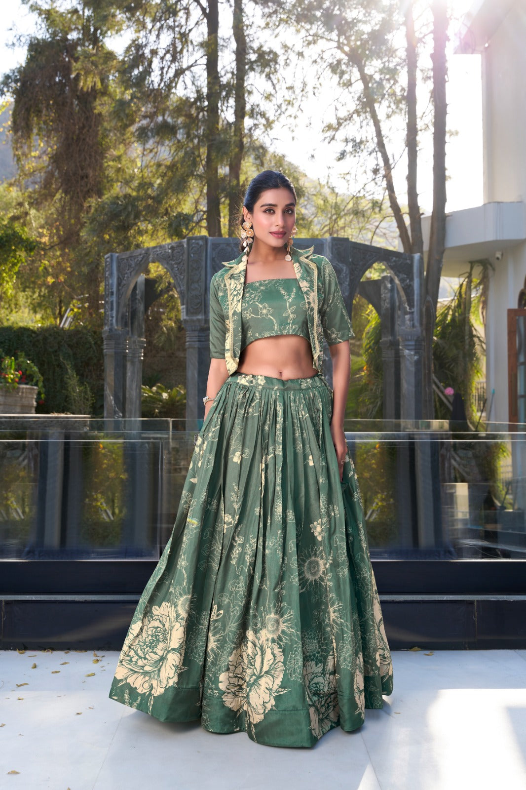 Green color tussar silk lehenga choli with koti