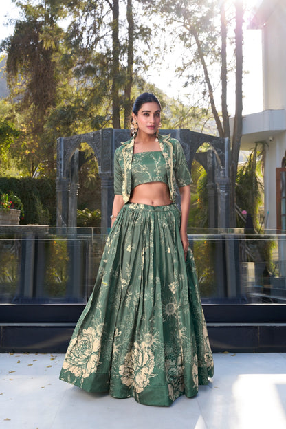 Green color tussar silk lehenga choli with koti