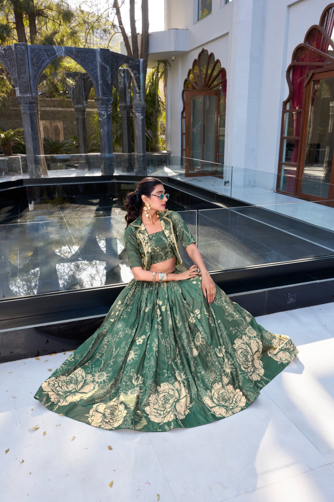 Green color tussar silk lehenga choli with koti price 