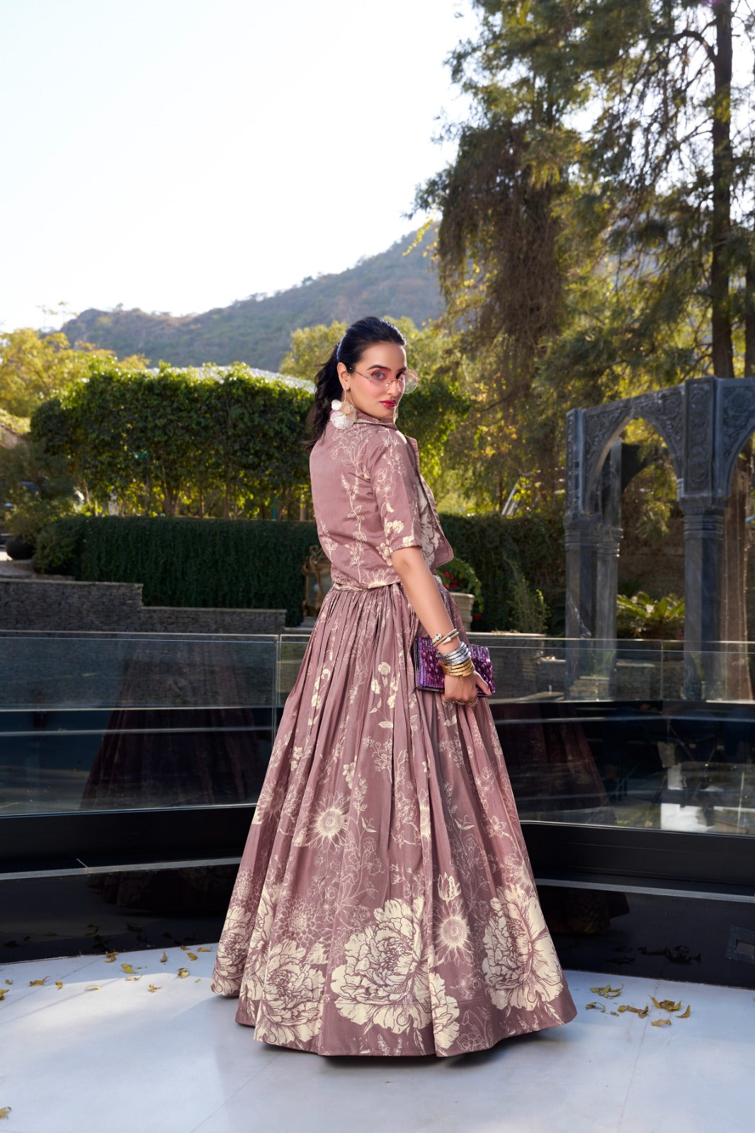 Onion color tussar silk lehenga choli for women
