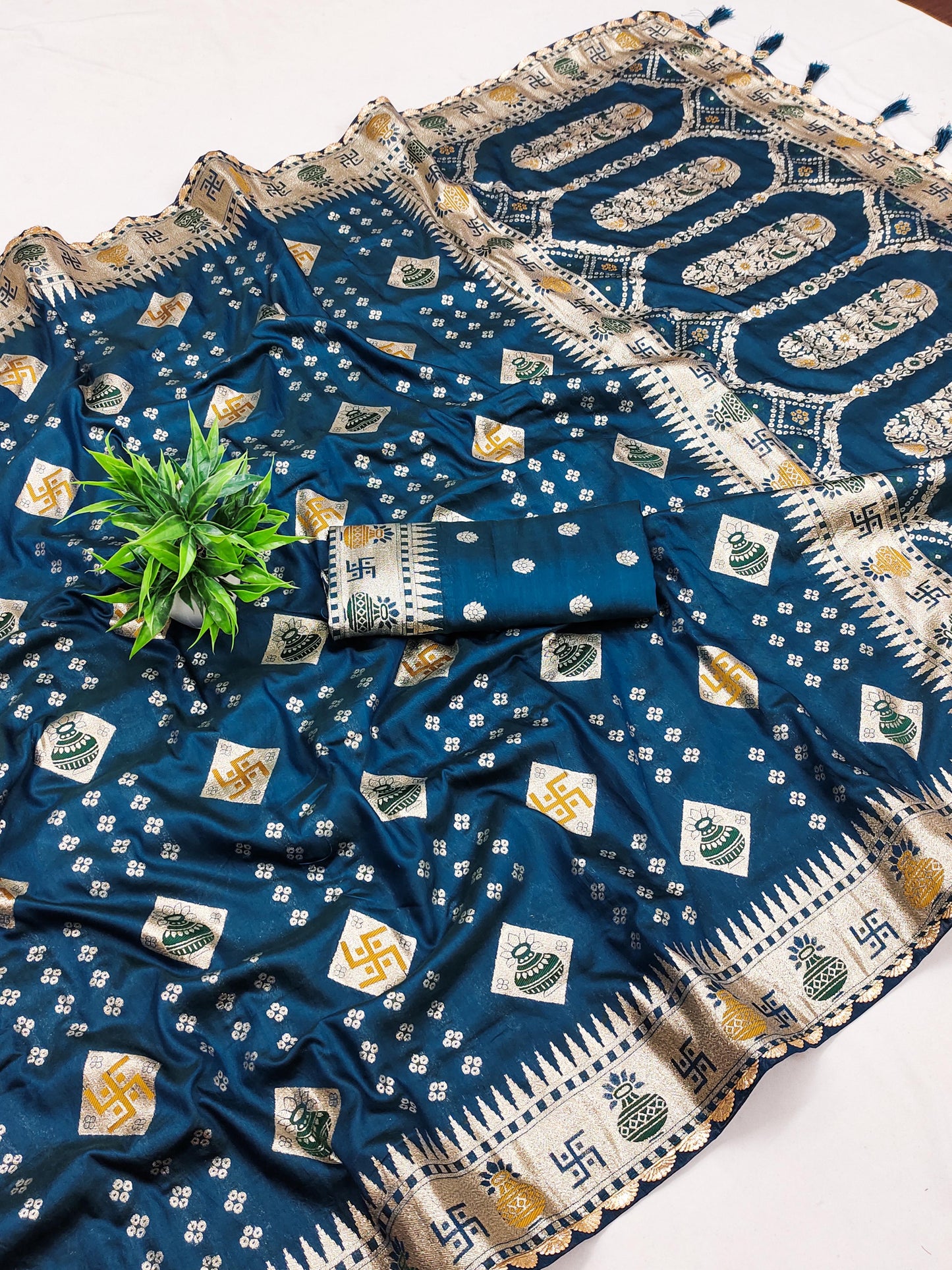 Teal Viscose dola silk sarees with online shopping