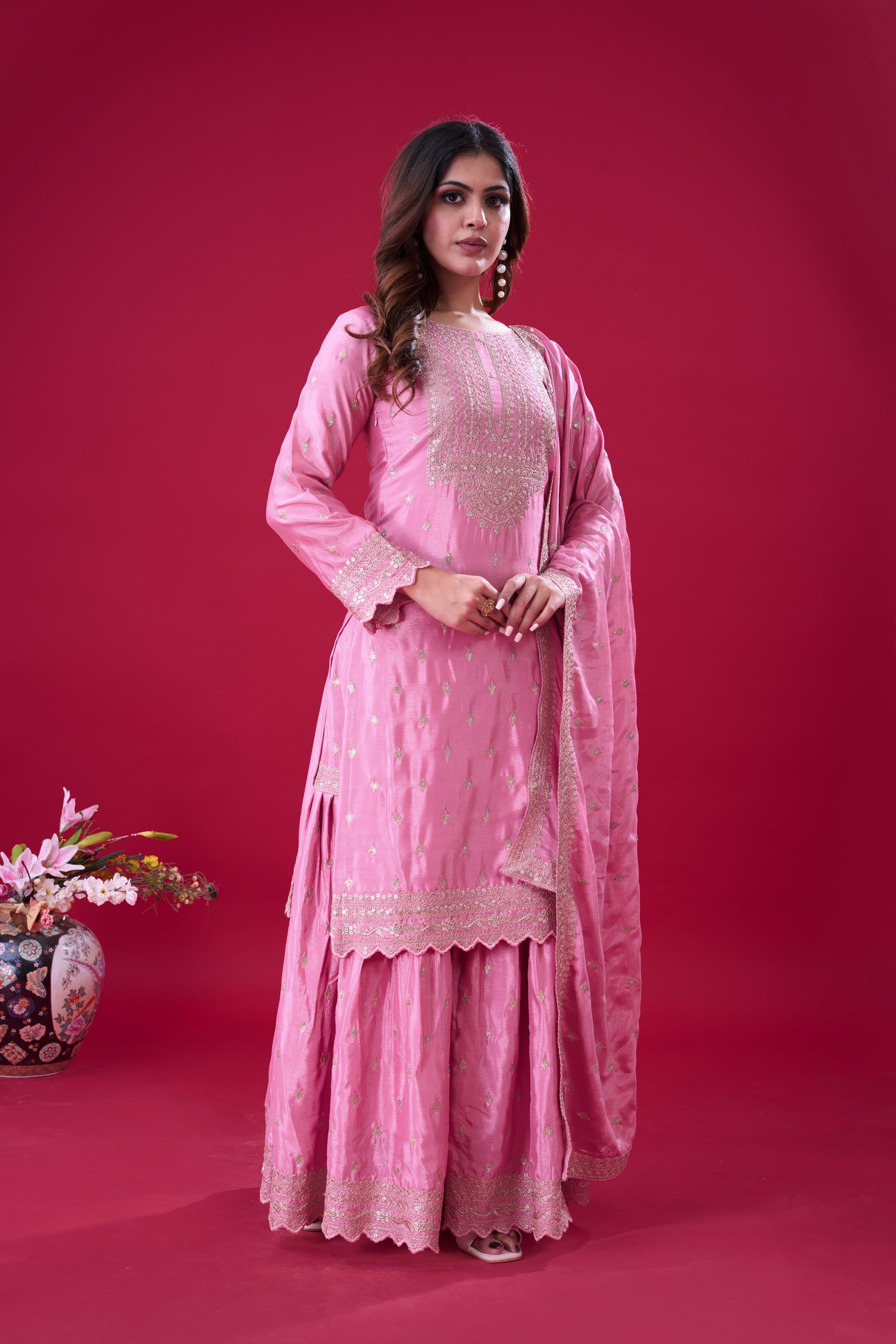 Pink color chinon silk sharara suit with dupatta online