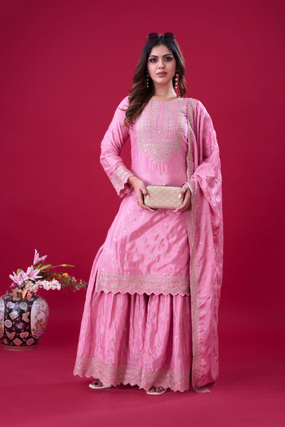 Pink color chinon silk sharara suit with dupatta 