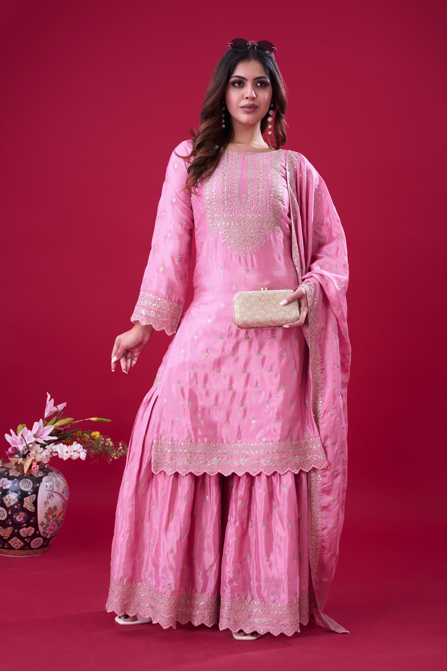 Pink color chinon silk sharara suit for women