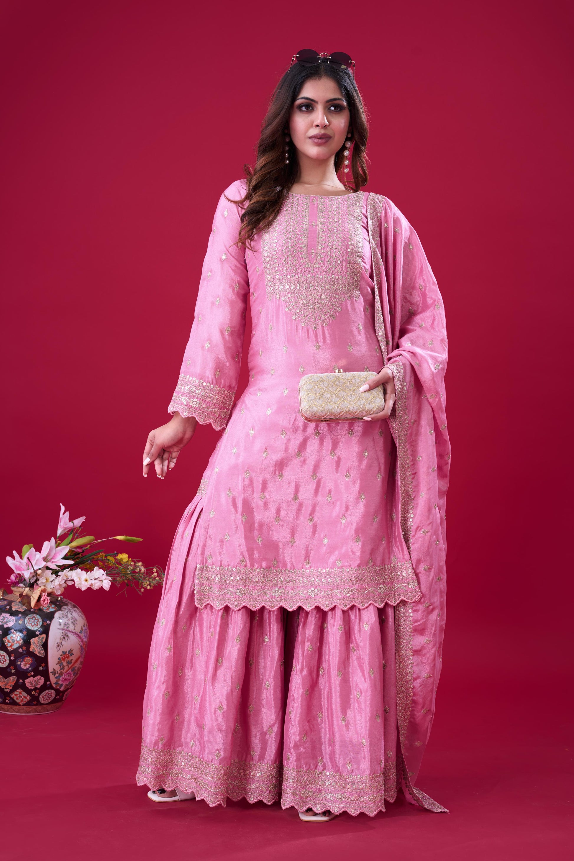 Pink color chinon silk sharara suit for women