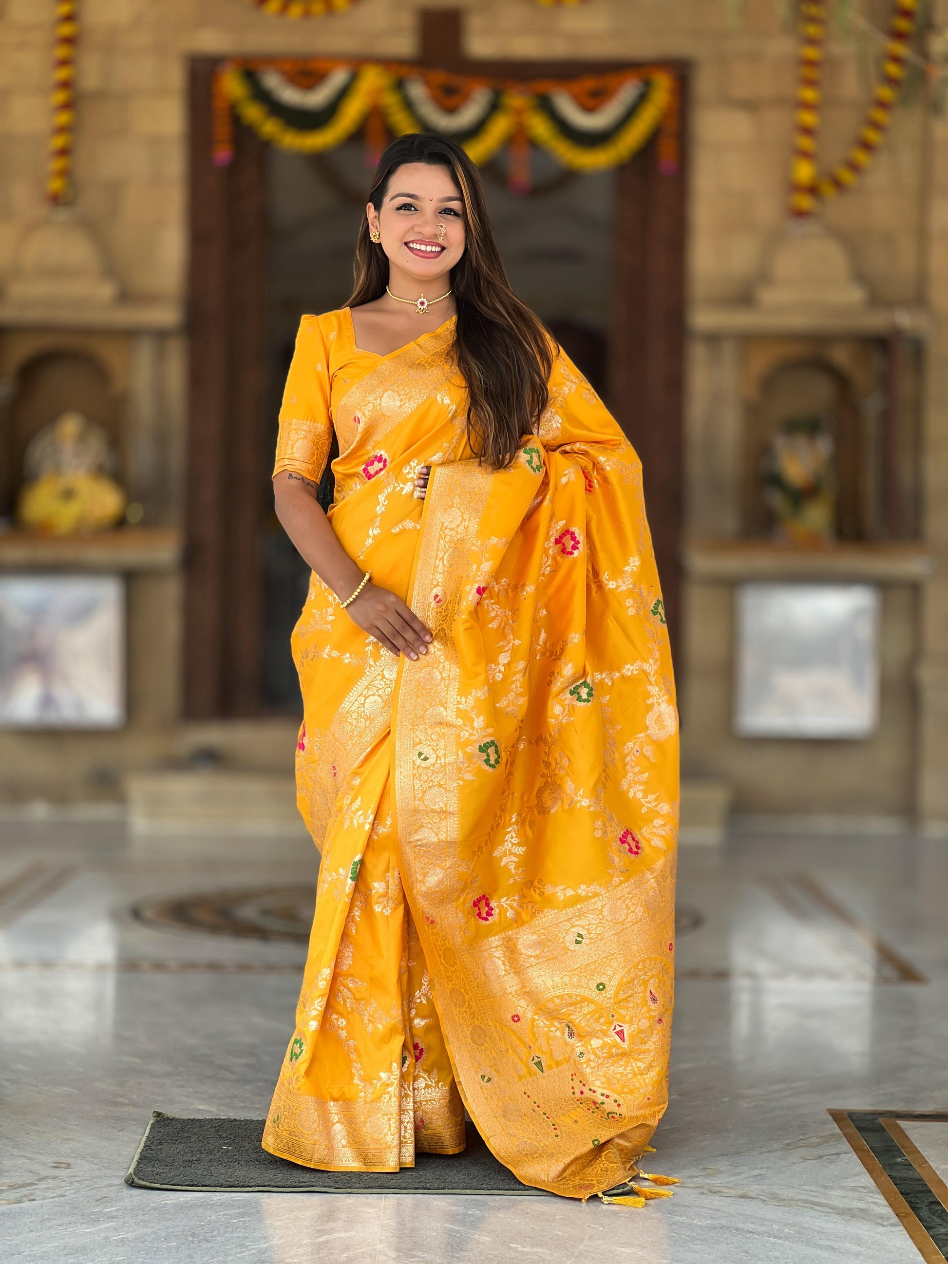 Yellow Banarasi silk sarees for women with price
