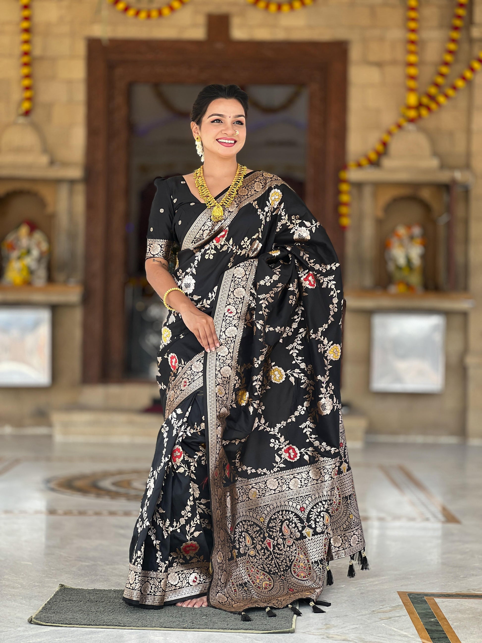 Black color Banarasi silk sarees for women online shopping

