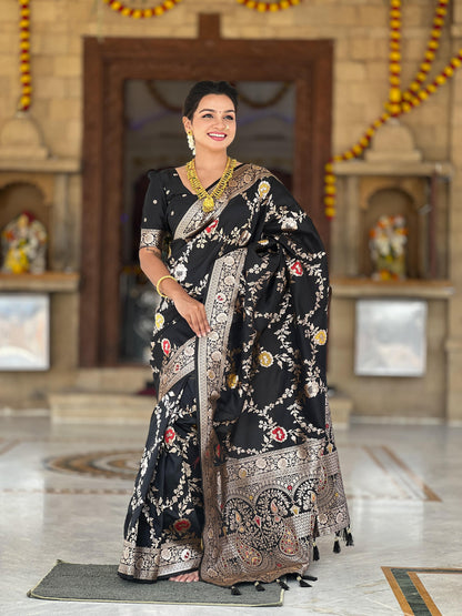 Black color Banarasi silk sarees for women online shopping
