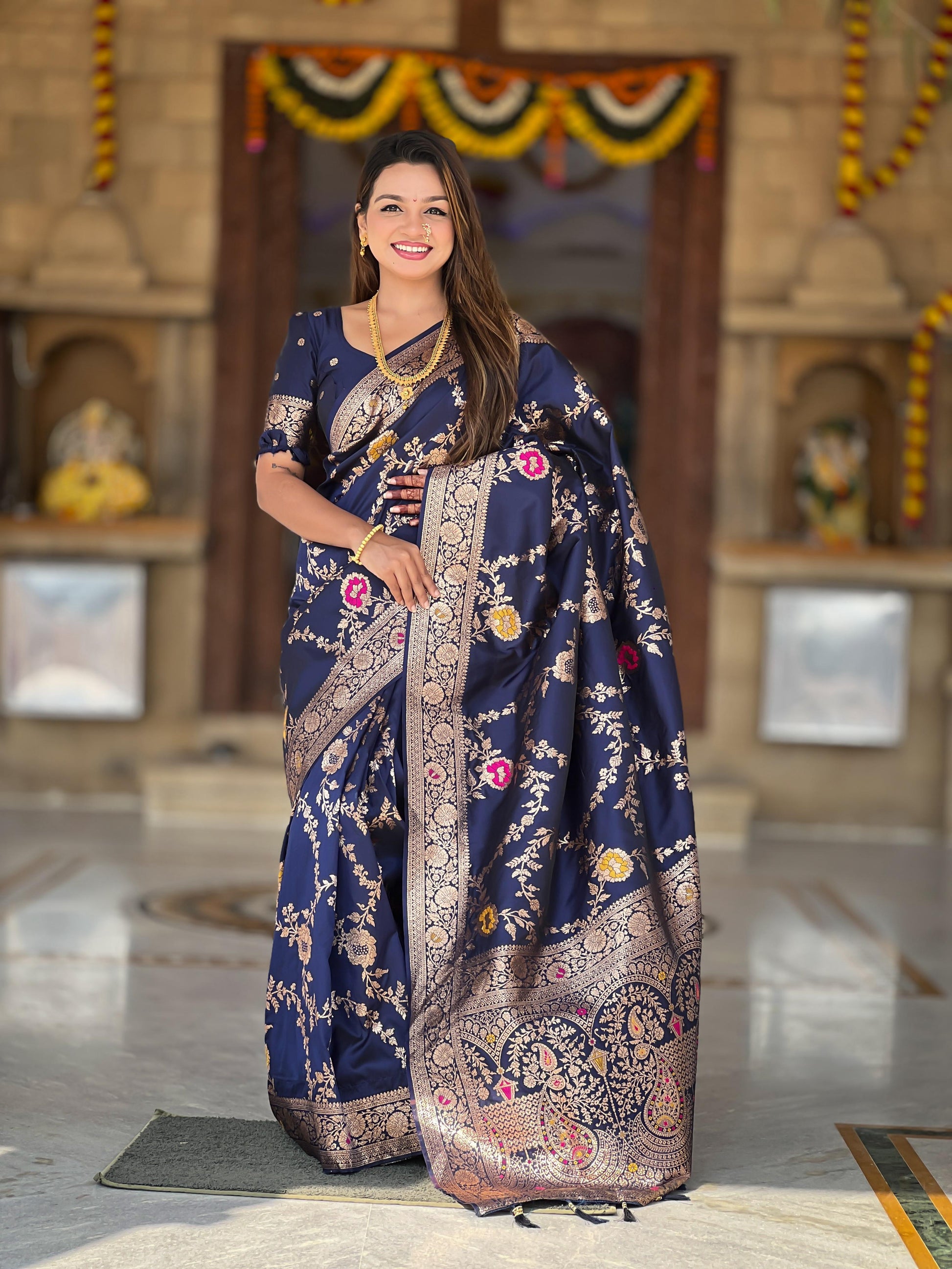 Navy blue color Banarasi silk sarees for women online
