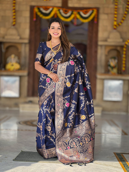 Navy blue color Banarasi silk sarees for women online
