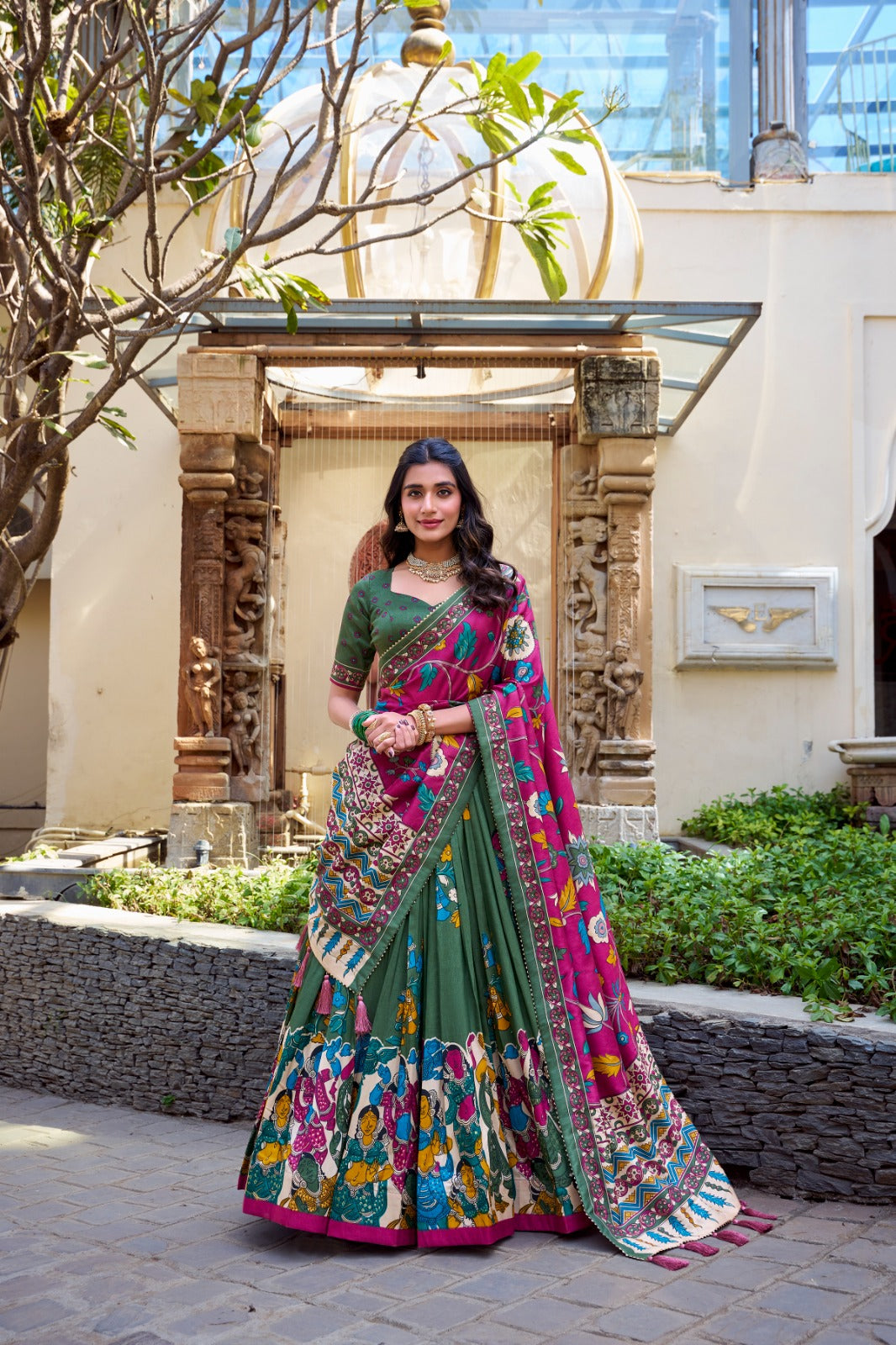 Mehendi color tussar silk lehenga choli