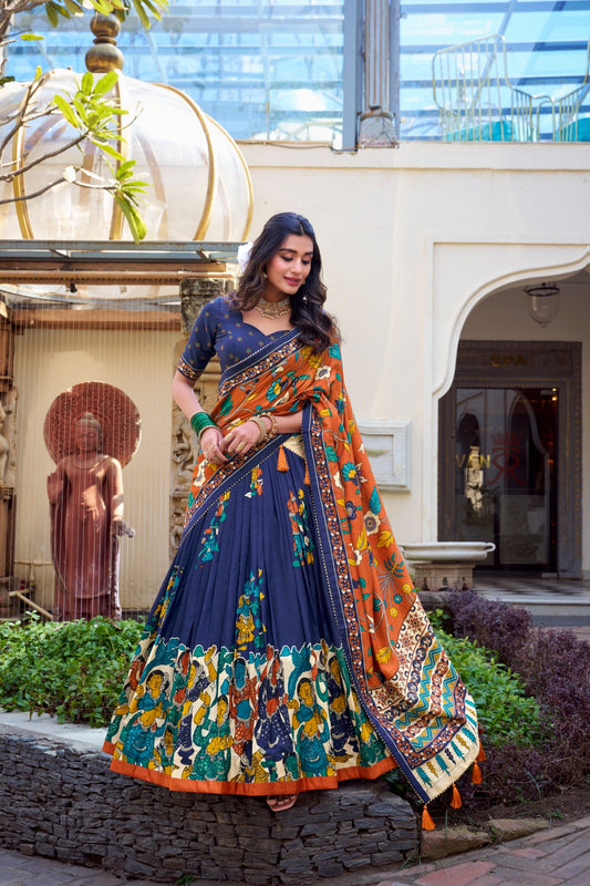 Navy blue color tussar silk lehenga choli