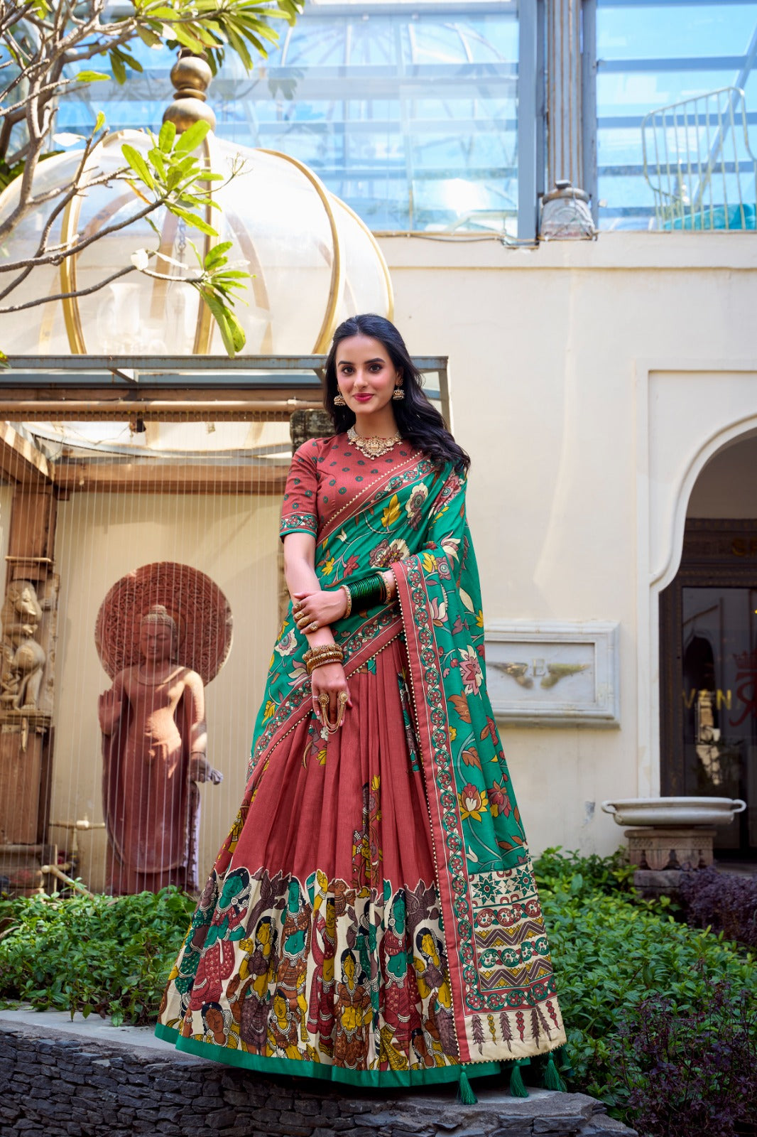 Red color tussar silk lehenga choli for women