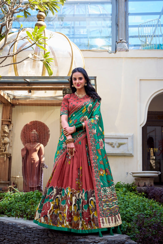 Red color tussar silk lehenga choli for women