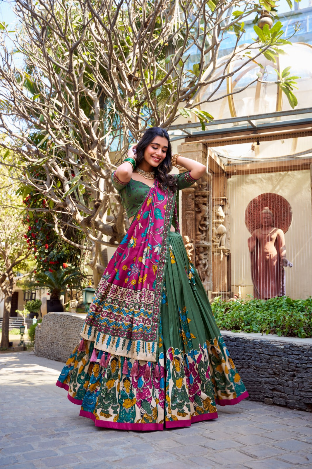 Mehendi color tussar silk lehenga choli for women
