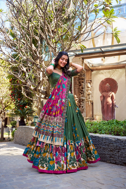 Mehendi color tussar silk lehenga choli for women