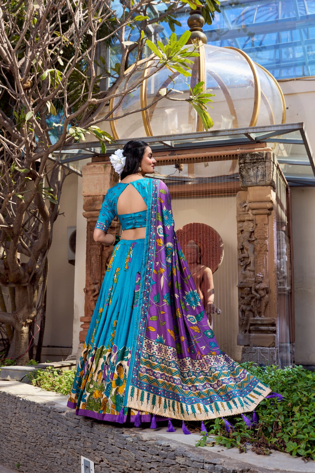 Firozi color tussar silk lehenga choli with dupatta online
