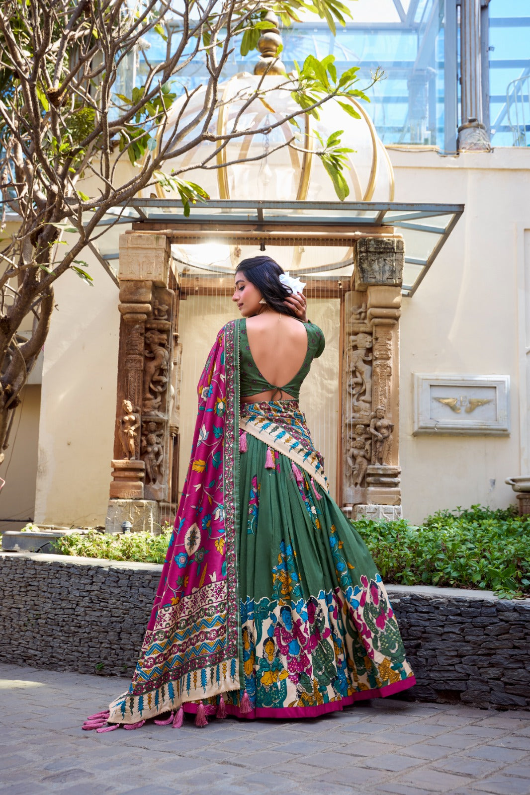 Mehendi color tussar silk lehenga choli with blouse