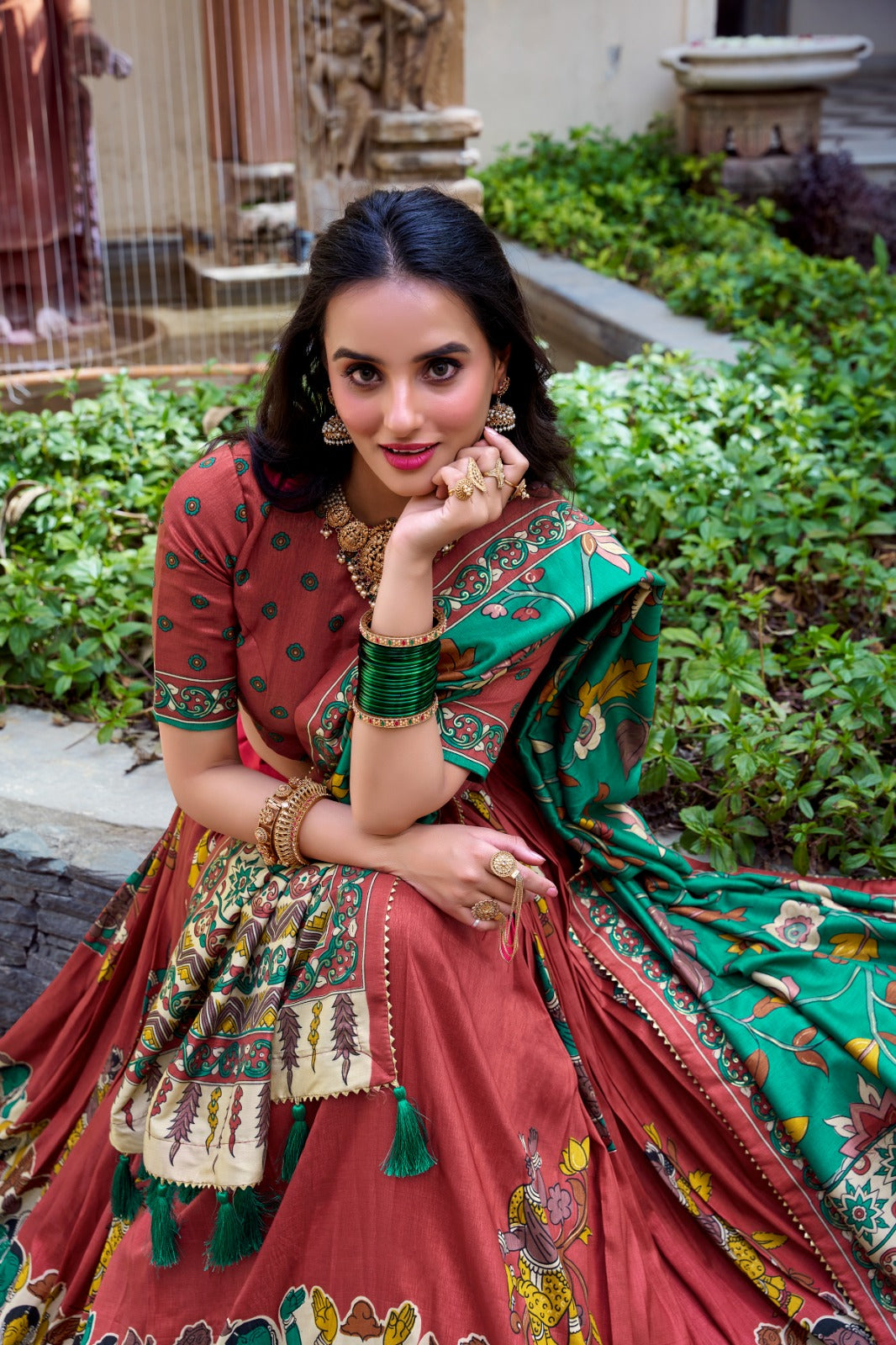 Red color tussar silk lehenga choli with dupatta images