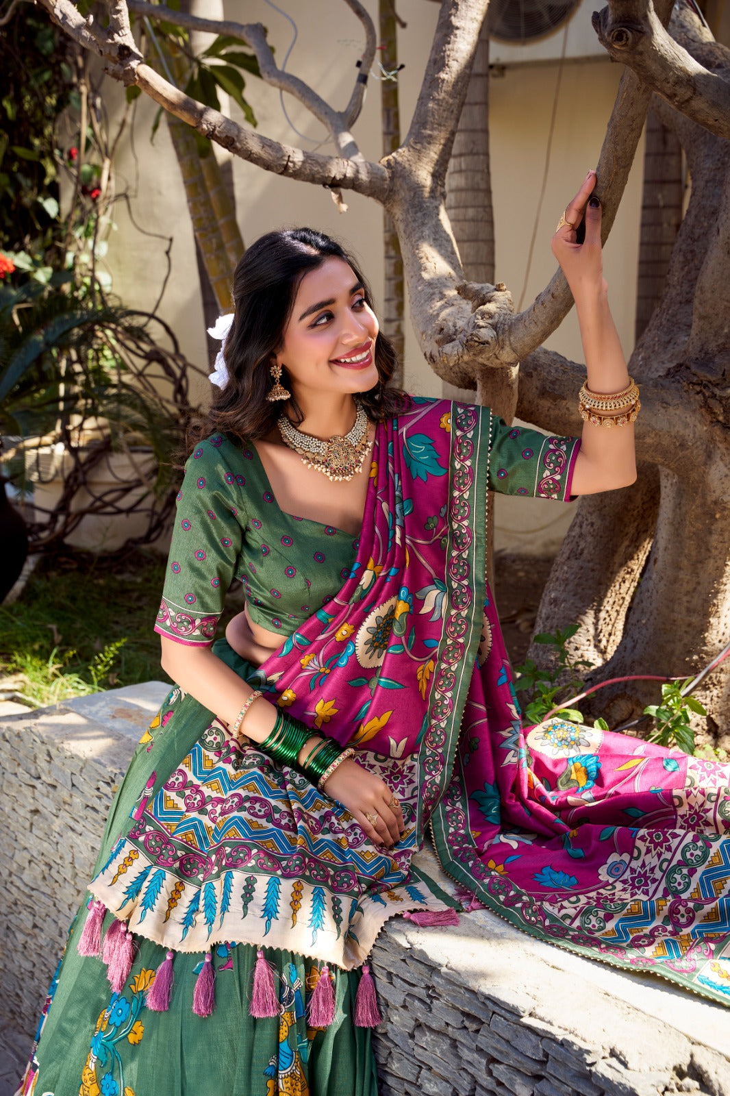 Mehendi color tussar silk lehenga choli for wedding