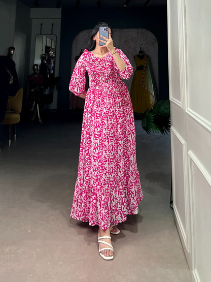 Adorable Pink Color Georgette Printed Frock For Summer Wear